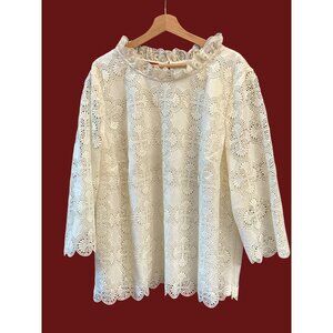 NWOT Talbots Plus 3X Cream Lace Blouse Ruffle Neck 3/4 Sleeve Elegant Relaxed